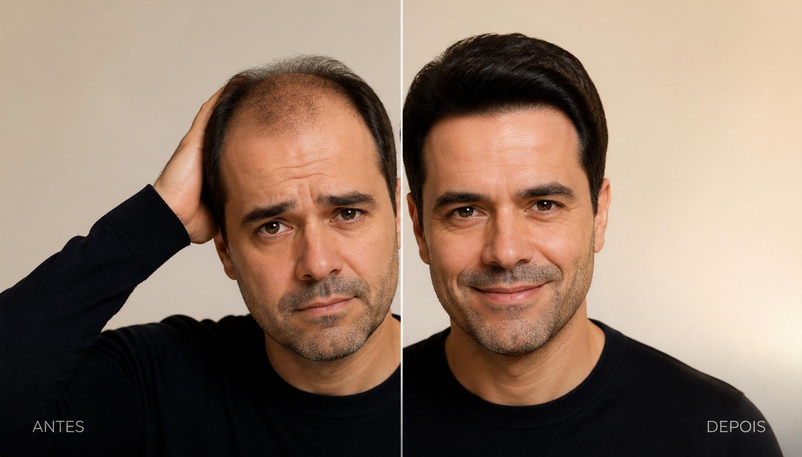 Comparação antes e depois da aplicação da prótese capilar